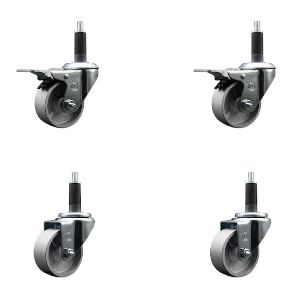 3'' Semi Steel Swivel 1'' Expanding Stem Caster Set 2 Total Lock Brakes, 4PK